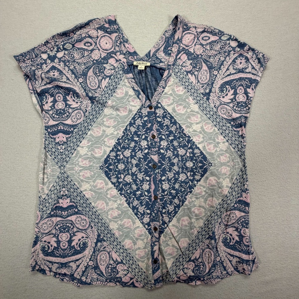 Lucky Brand Button Front Top Womens Large Good Blue Pink Paisley Floral Boho